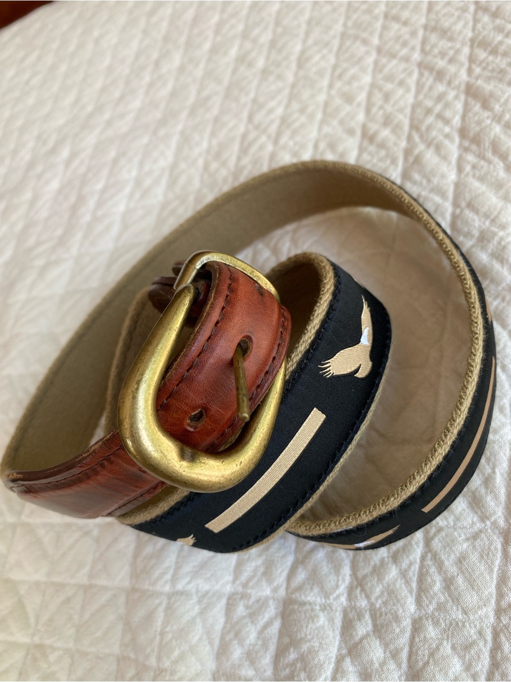 YRI Eagle Ribbon Belt Black Tan Strap Leather Brass Buckle Preppy Old Money 38